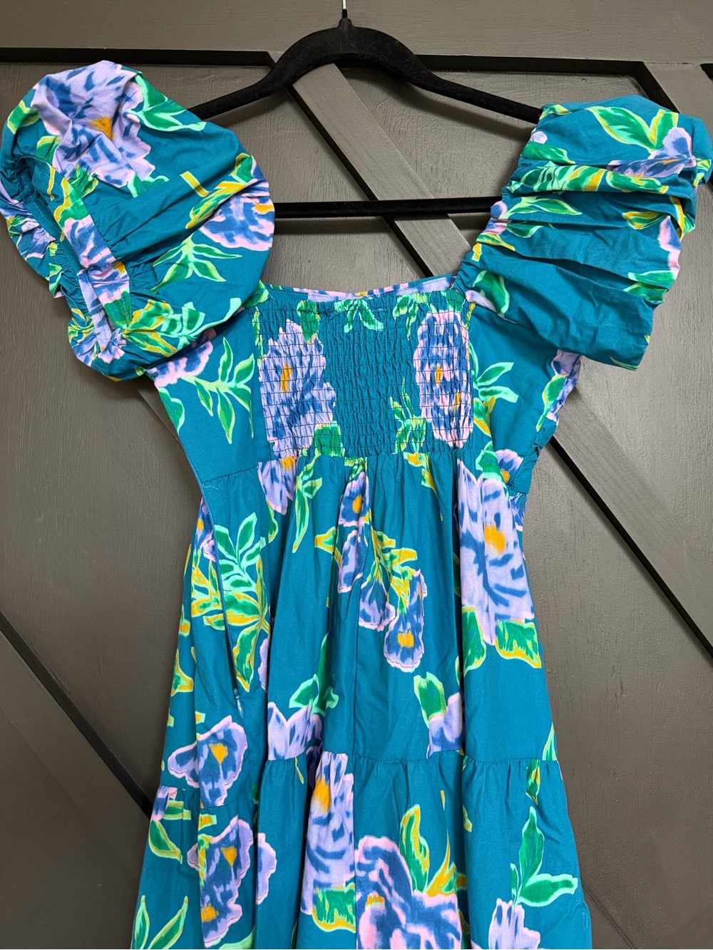 Peach Love Teal Tiered Maxi Dress with Puff Sleeves in Purple Floral, Small - Picture 9 of 11